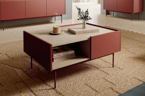 Czerwony stolik kawowy Avenor z szufladami