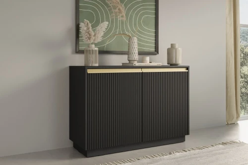 Czarna komoda dwudrzwiowa Resto ze złotymi akcentami