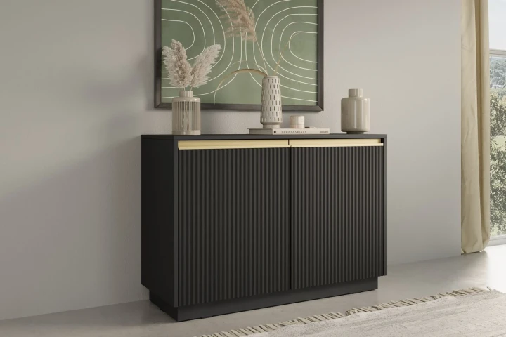 Czarna komoda dwudrzwiowa Resto ze złotymi akcentami