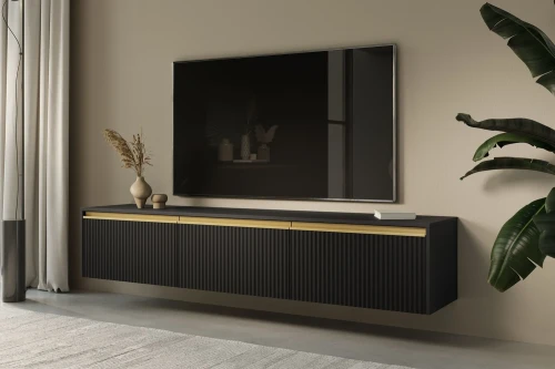 Czarna szafka RTV Resto ze złotymi akcentami wisząca