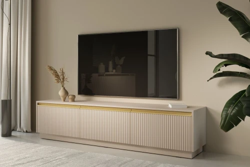 Beżowa szafka RTV Resto ze złotymi akcentami stojąca