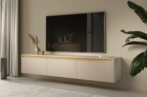 Beżowa szafka RTV Resto ze złotymi akcentami wisząca