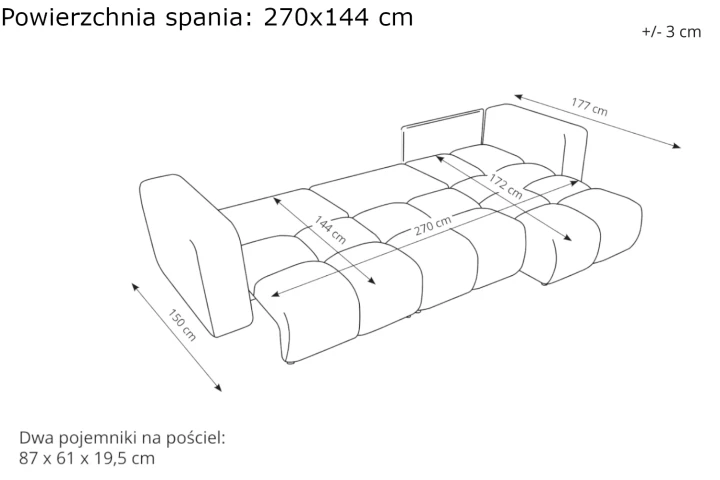 Narożnik L uniwersalny z funkcją spania Tobi 03 wymiary