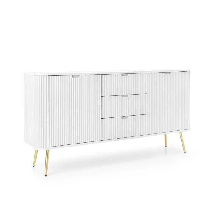 Biała komoda Luna z drzwiczkami, szufladami i ryflowanymi frontami ze złotymi nogami