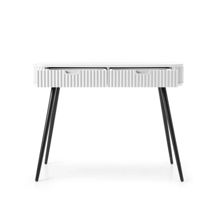 Biała toaletka Luna z ryflowanymi frontami z czarnymi nogami otwarta