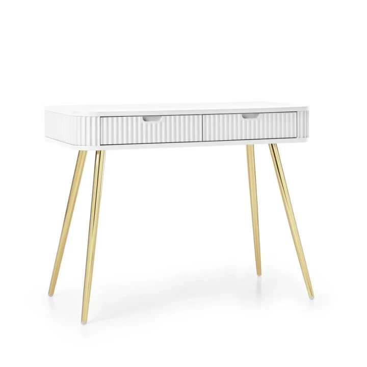 Biała toaletka Luna z ryflowanymi frontami ze złotymi nogami