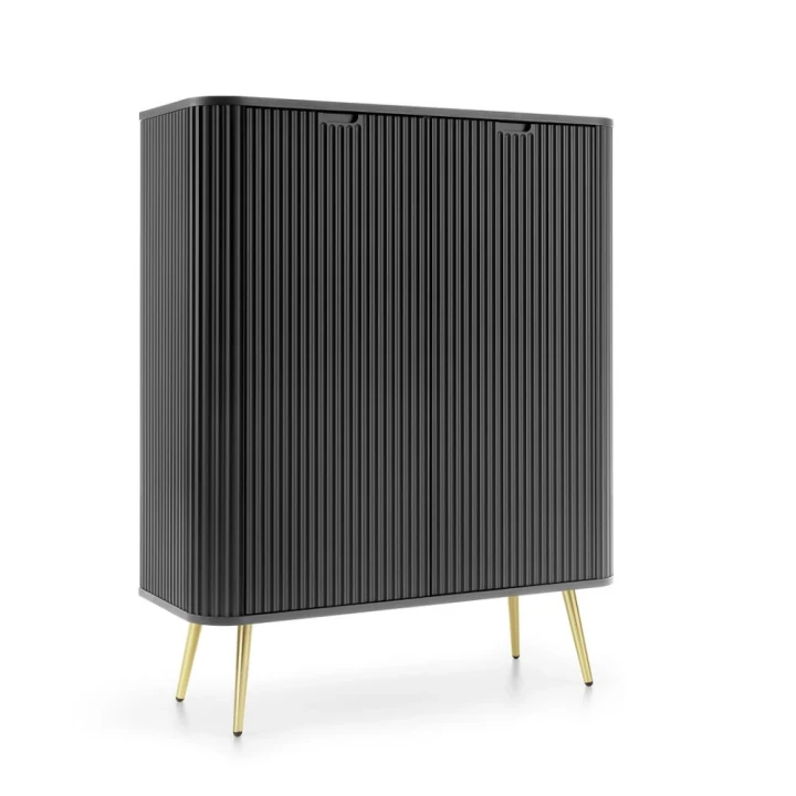 Czarna komoda wysoka Luna z drzwiami i ryflowanymi frontami ze złotymi nogami