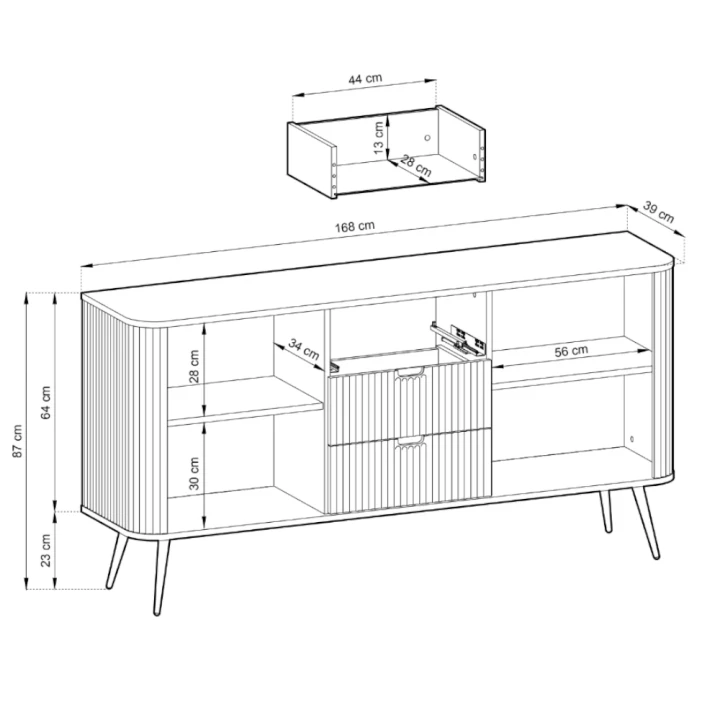 Komoda Luna z drzwiczkami, szufladami i ryflowanymi frontami wymiary
