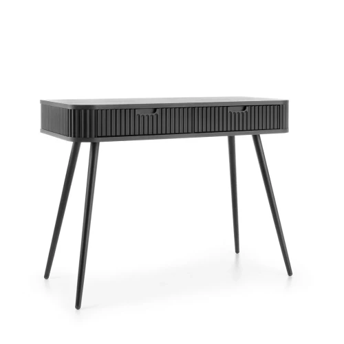 Czarna toaletka Luna z ryflowanymi frontami z czarnymi nogami na białym tle