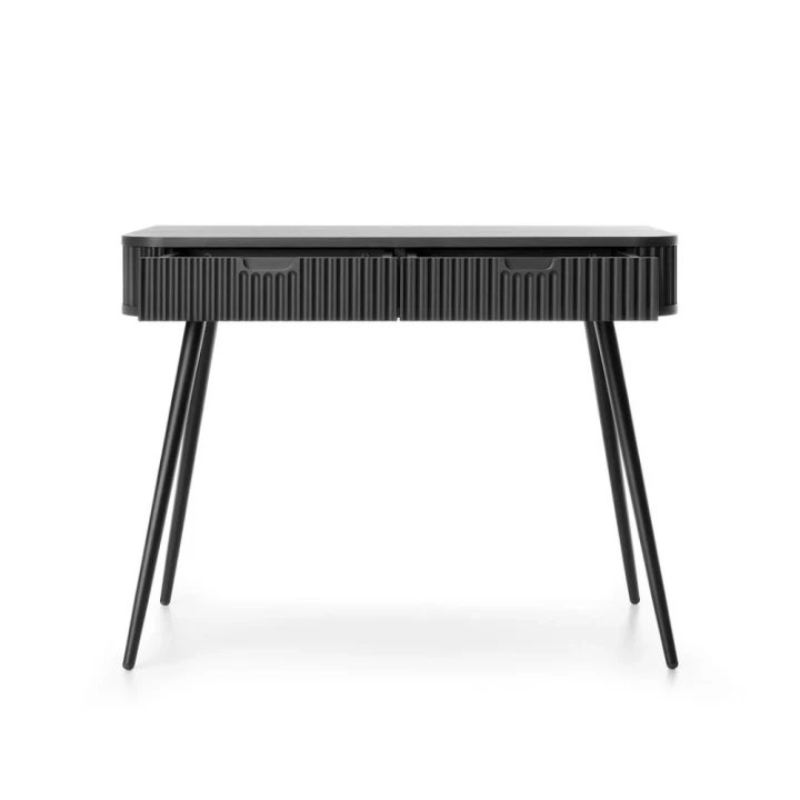 Czarna toaletka Luna z ryflowanymi frontami z czarnymi nogami otwarta