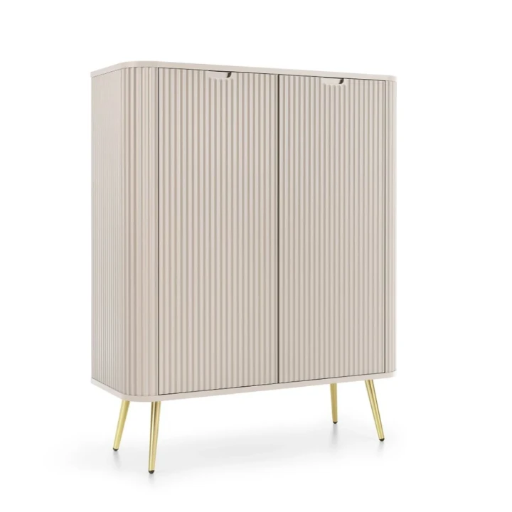 Kaszmirowa komoda wysoka Luna z drzwiami i ryflowanymi frontami ze złotymi nogami
