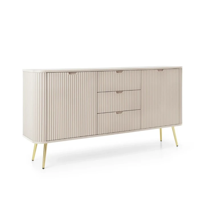 Kaszmirowa komoda Luna z drzwiczkami, szufladami i ryflowanymi frontami ze złotymi nogami