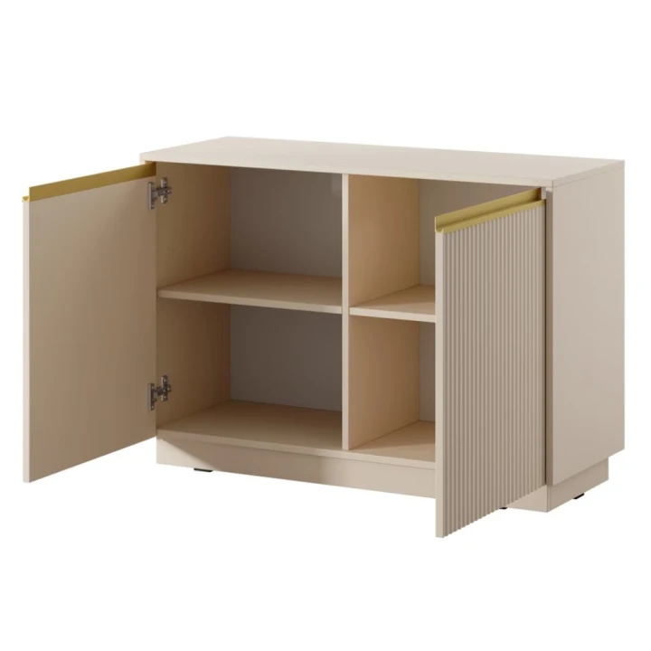 Beżowa komoda dwudrzwiowa Resto ze złotymi akcentami otwarta