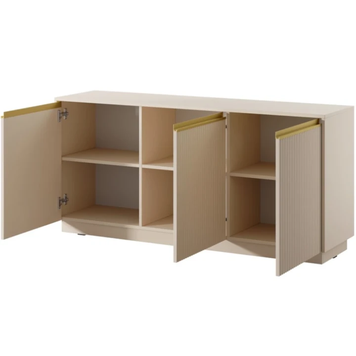 Beżowa komoda trzydrzwiowa Resto ze złotymi akcentami otwarta