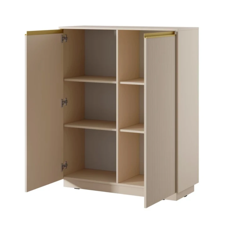 Beżowa komoda wysoka Resto z drzwiami i złotymi akcentami otwarta