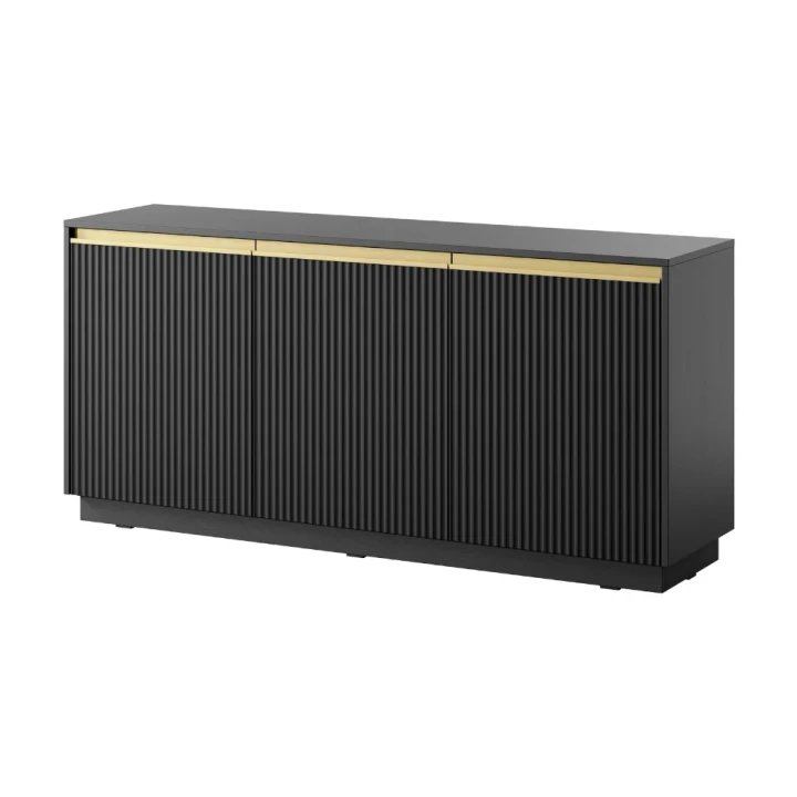 Czarna komoda trzydrzwiowa Resto ze złotymi akcentam na białym tle