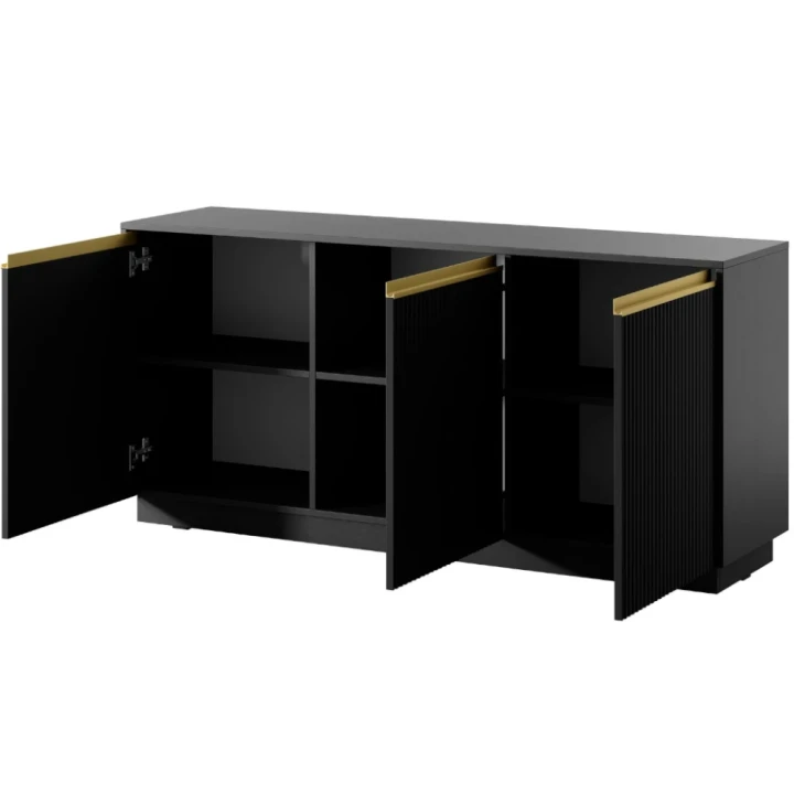 Czarna komoda trzydrzwiowa Resto ze złotymi akcentam otwarta