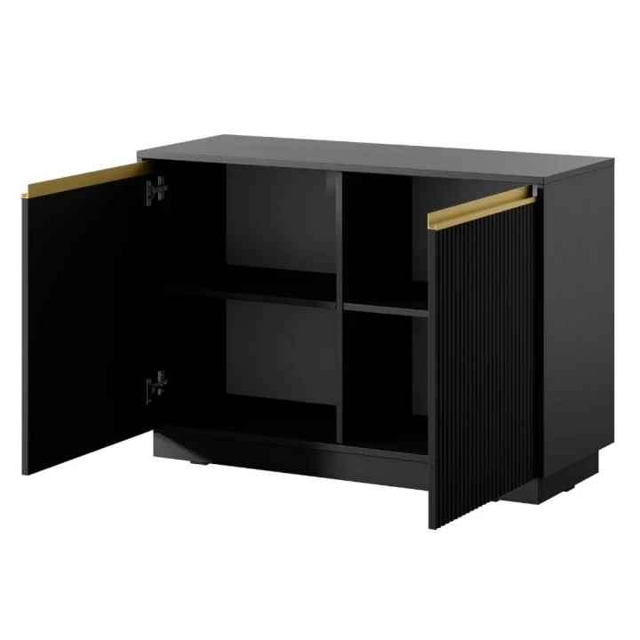 Czarna komoda dwudrzwiowa Resto ze złotymi akcentami otwarta