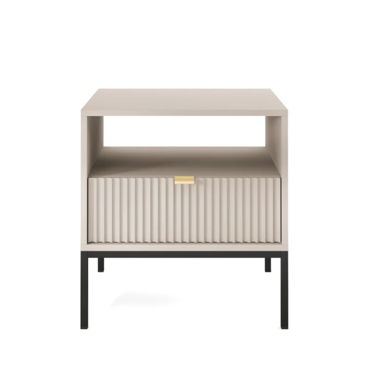 Stolik nocny Nuo kaszmirowy z ryflowaną szufladą z czarnymi nogami od frontu
