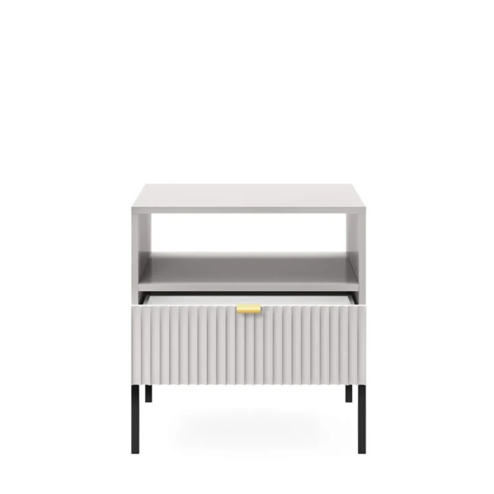 Stolik nocny Nuo szary z ryflowaną szufladą z czarnymi nogami otwarty