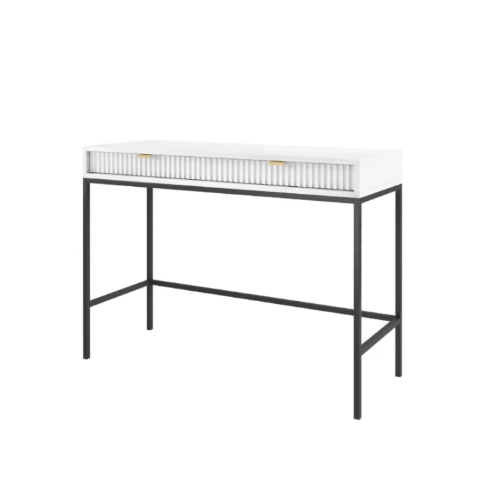 Toaletka Nuo biała z ryflowanymi szufladami z czarnymi nogami na białym tle