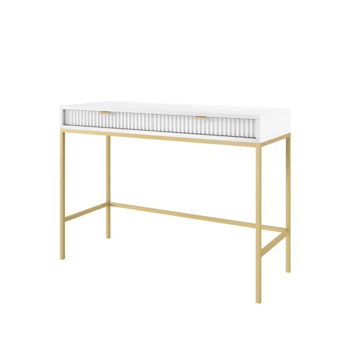 Toaletka Nuo biała z ryflowanymi szufladami ze złotymi nogami