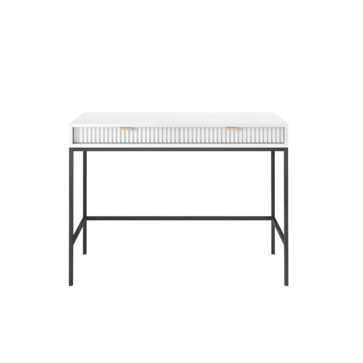 Toaletka Nuo biała z ryflowanymi szufladami z czarnymi nogami od frontu