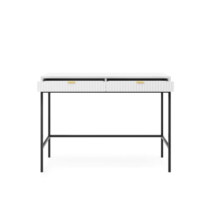 Toaletka Nuo biała z ryflowanymi szufladami z czarnymi nogami otwarta