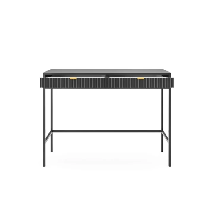 Toaletka Nuo czarna z ryflowanymi szufladami z czarnymi nogami otwarta