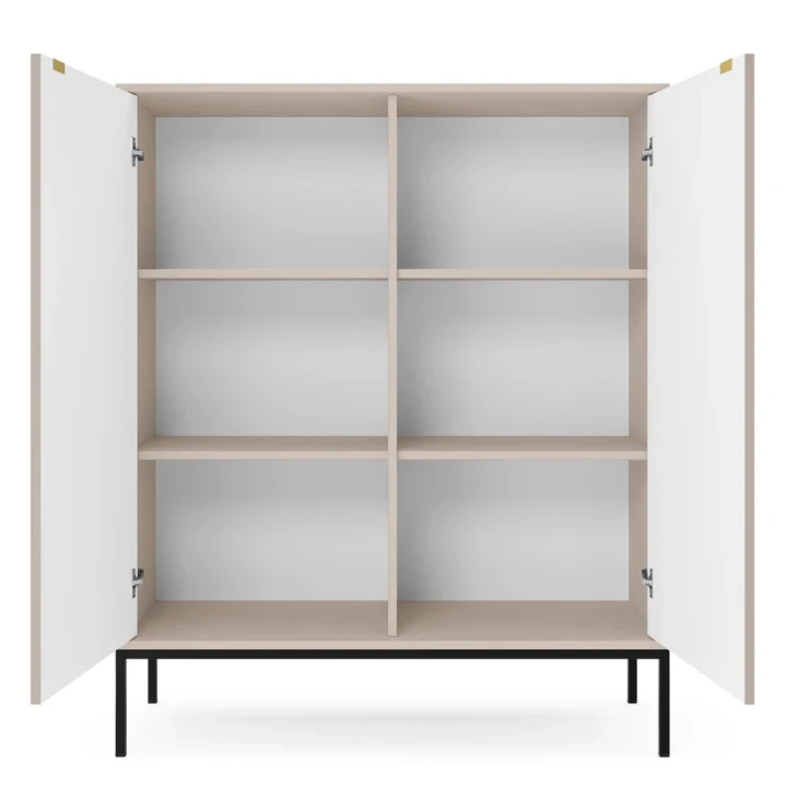 Komoda wysoka Nuo kaszmirowa z ryflowanymi drzwiami z czarnymi nogami otwarta