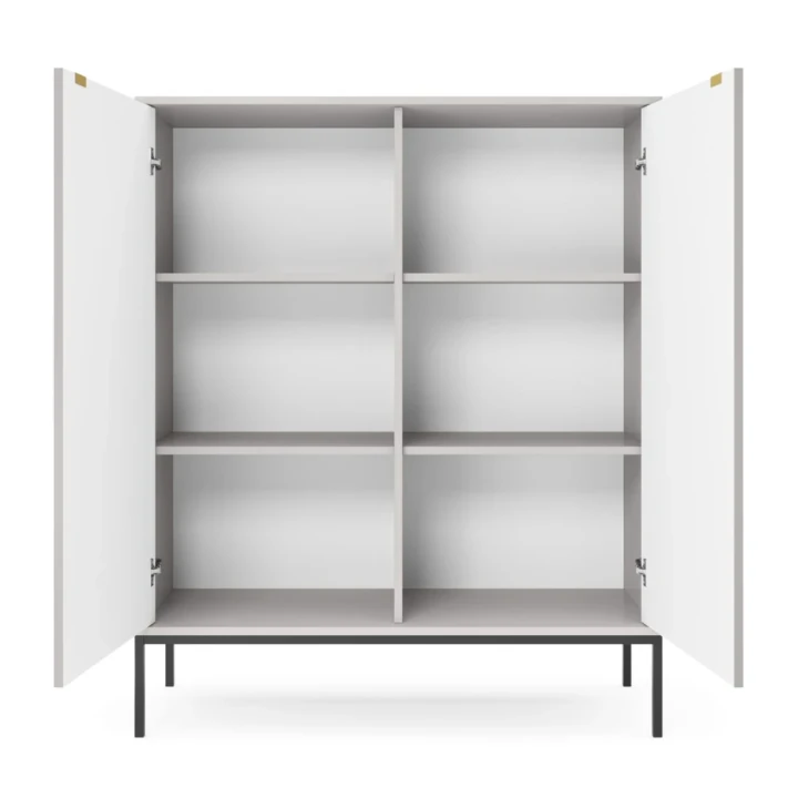 Komoda wysoka Nuo szara z ryflowanymi drzwiami z czarnymi nogami otwarta