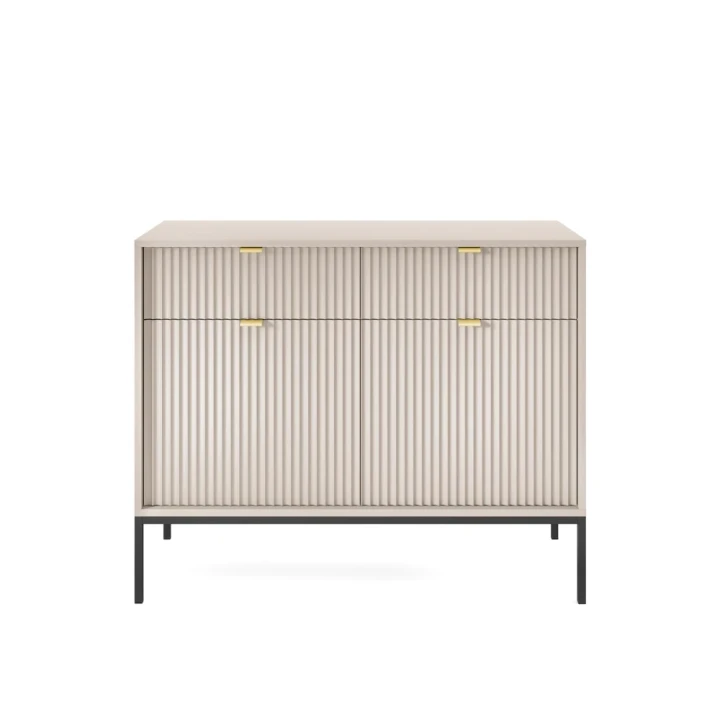Komoda 104cm Nuo kaszmirowa z ryflowanymi drzwiczkami i szufladami z czarnymi nogami od frontu