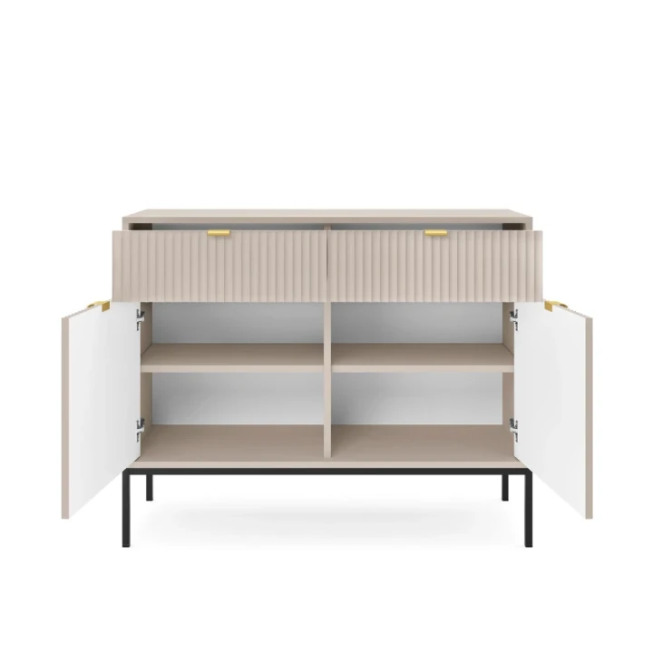 Komoda 104cm Nuo kaszmirowa z ryflowanymi drzwiczkami i szufladami z czarnymi nogami otwarta