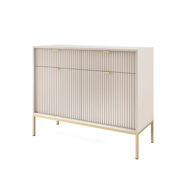 Komoda 104cm Nuo kaszmirowa z ryflowanymi drzwiczkami i szufladami ze złotymi nogami