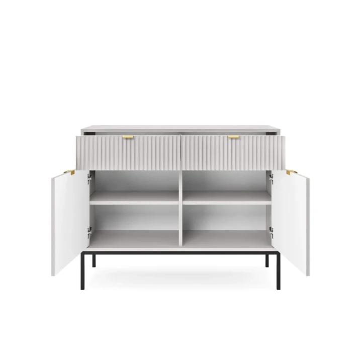 Komoda 104cm Nuo szara z ryflowanymi drzwiczkami i szufladami z czarnymi nogami otwarta