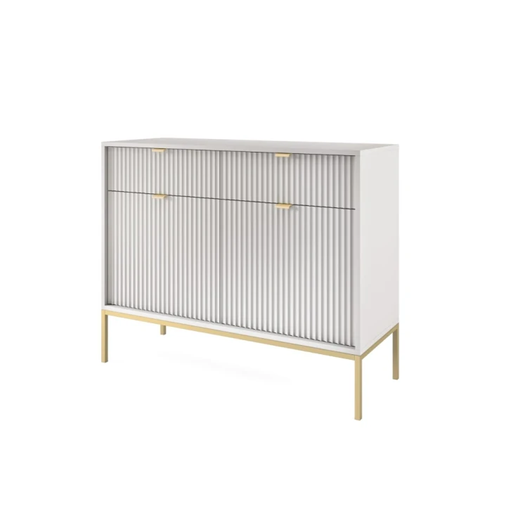 Komoda 104cm Nuo szara z ryflowanymi drzwiczkami i szufladami ze złotymi nogami
