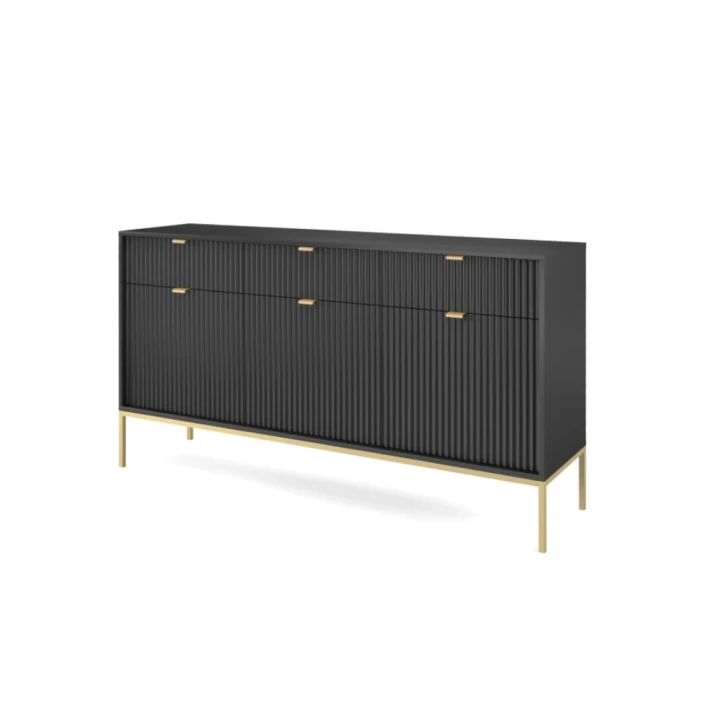 Komoda trzydrzwiowa Nuo czarna ryflowana z szufladami ze złotymi nogami