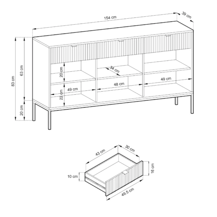Komoda trzydrzwiowa Nuo ryflowana z szufladami wymiary