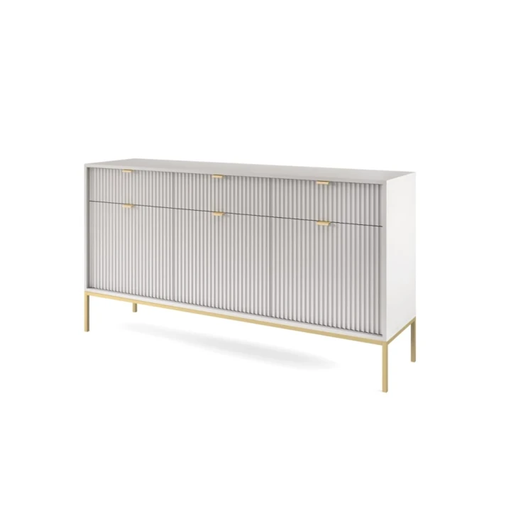 Komoda trzydrzwiowa Nuo szara ryflowana z szufladami ze złotymi nogami