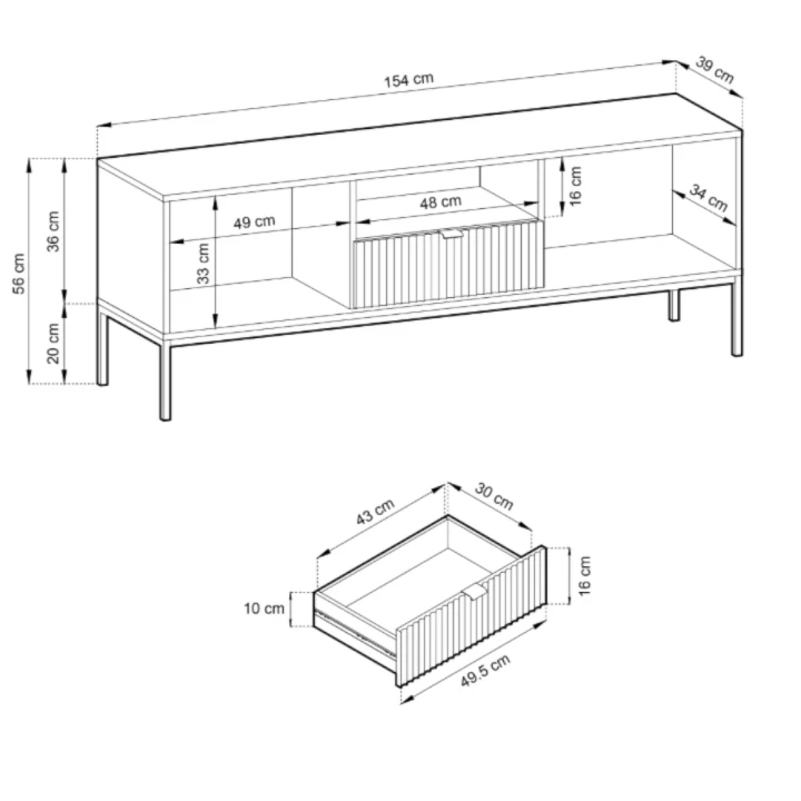 Szafka RTV Nuo z ryflowanymi drzwiczkami i szufladą wymiary