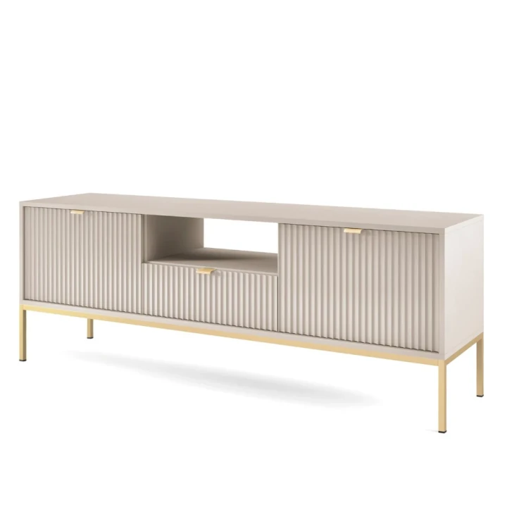 Szafka RTV Nuo kaszmirowa z ryflowanymi drzwiczkami i szufladą ze złotymi nogami