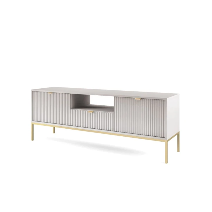 Szafka RTV Nuo szara z ryflowanymi drzwiczkami i szufladą ze złotymi nogami