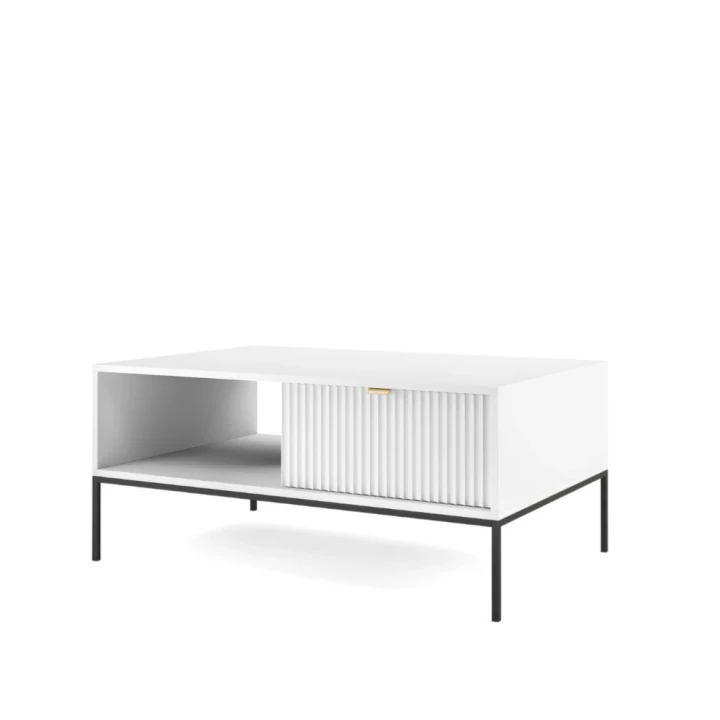 Stolik kawowy Nuo biały z ryflowanymi szufladami z czarnymi nogami