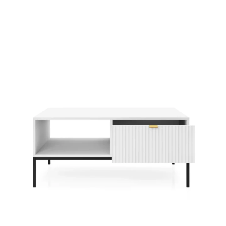 Stolik kawowy Nuo biały z ryflowanymi szufladami z czarnymi nogami otwarty