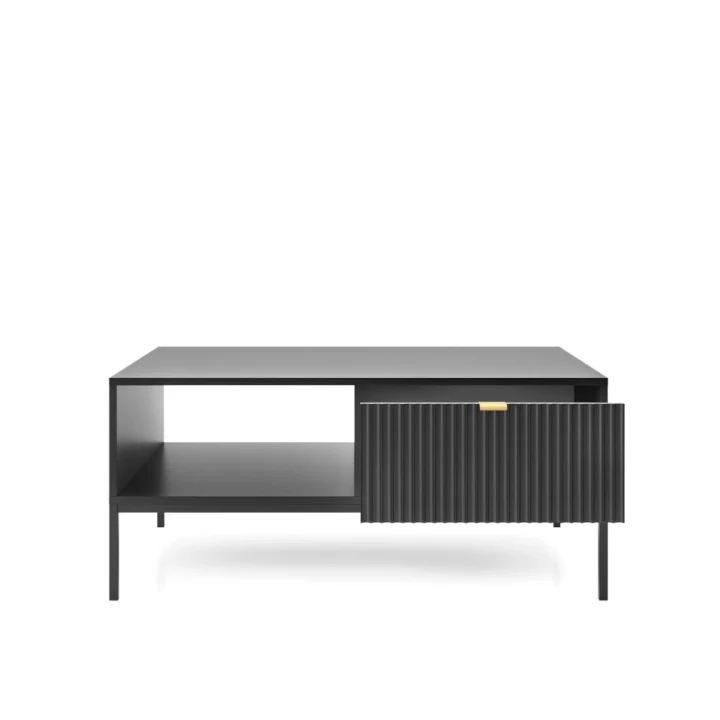Stolik kawowy Nuo czarny z ryflowanymi szufladami z czarnymi nogami otwarty