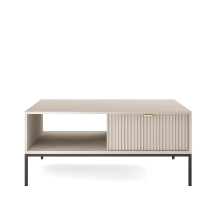 Stolik kawowy Nuo kaszmirowy z ryflowanymi szufladami z czarnymi nogami od frontu