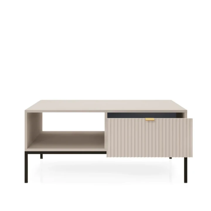 Stolik kawowy Nuo kaszmirowy z ryflowanymi szufladami z czarnymi nogami otwarty