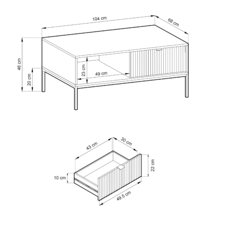 Stolik kawowy Nuo z ryflowanymi szufladami wymiary