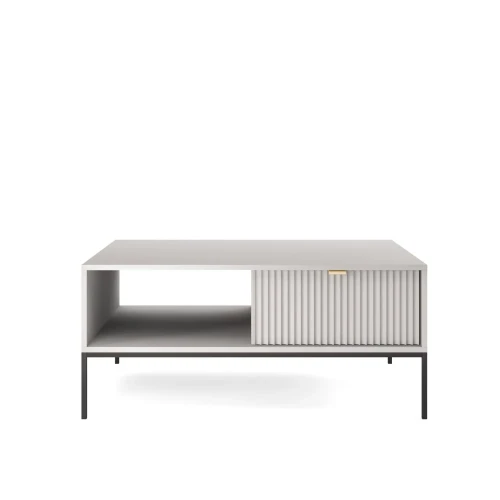 Stolik kawowy Nuo szary z ryflowanymi szufladami z czarnymi nogami od frontu