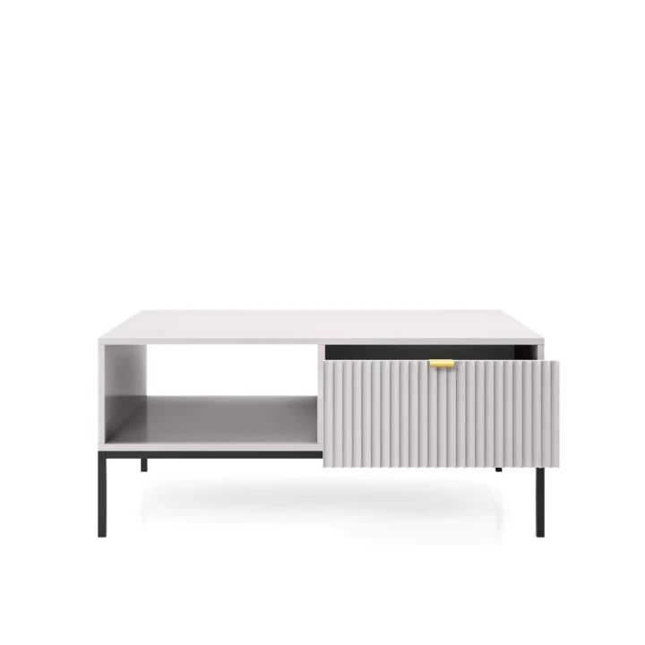 Stolik kawowy Nuo szary z ryflowanymi szufladami z czarnymi nogami otwarty